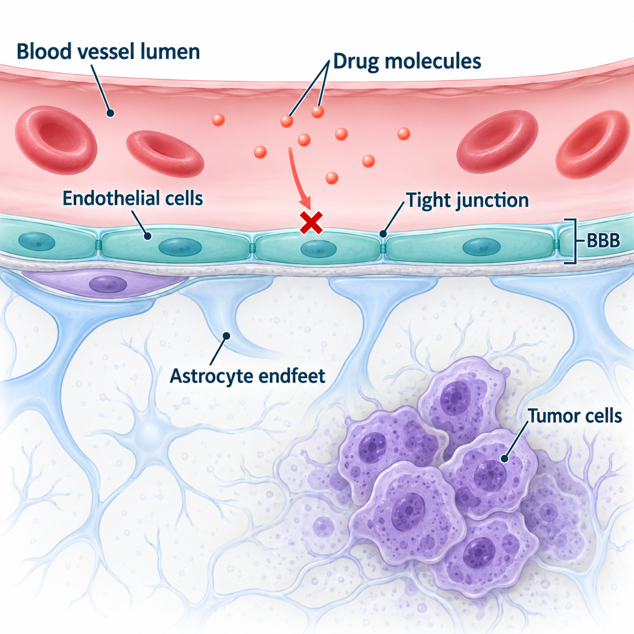 Annotated illustration of the blood-brain barrier, showing drug molecules in a blood vessel, endothelial tight junctions, astrocyte endfeet, and underlying tissue.