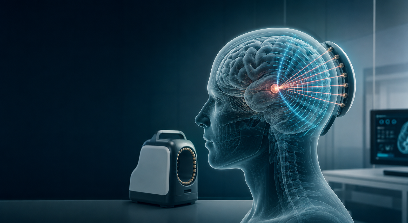 Medical visualization of focused ultrasound beams converging on a brain target