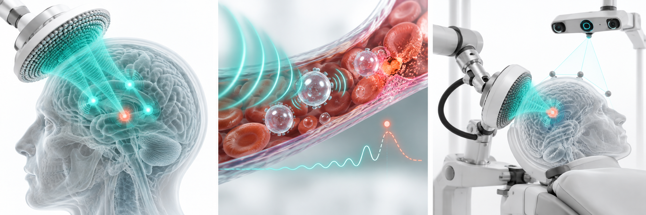 Concept illustration of the three platform pillars: acoustic field shaping in the brain, microbubble acoustic feedback, and robotic positioning with optical navigation.